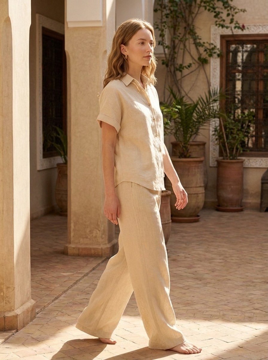 Ensemble Daria en lin beige crème - Vue de profil en mouvement