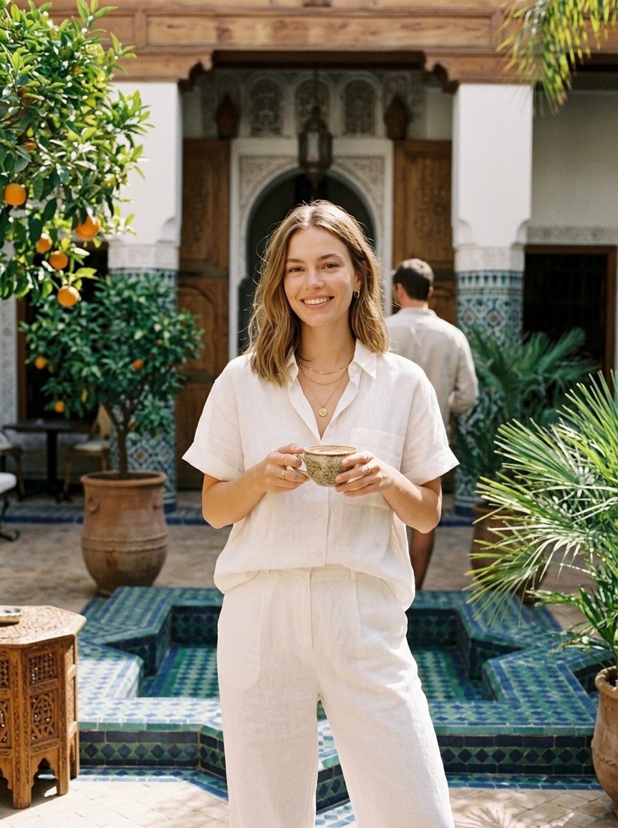 Ensemble Lin Daria Blanc Pur dans un riad ensoleillé